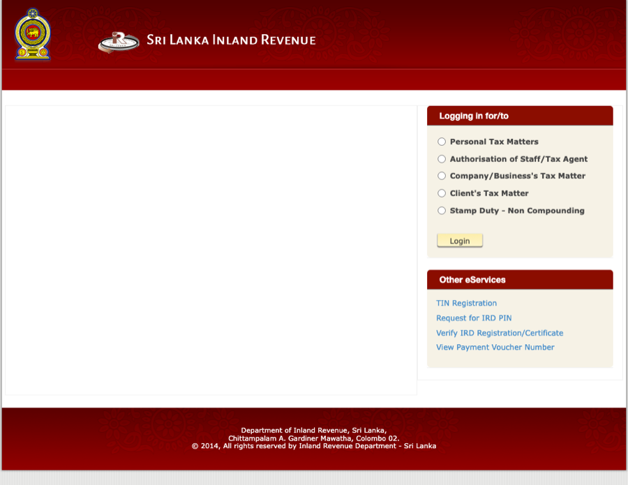 IRD e-services (RAMIS) login page. The Other eServices box lists TIN Registration, Request for IRD PIN and Verify IRD Registration/Certificate.