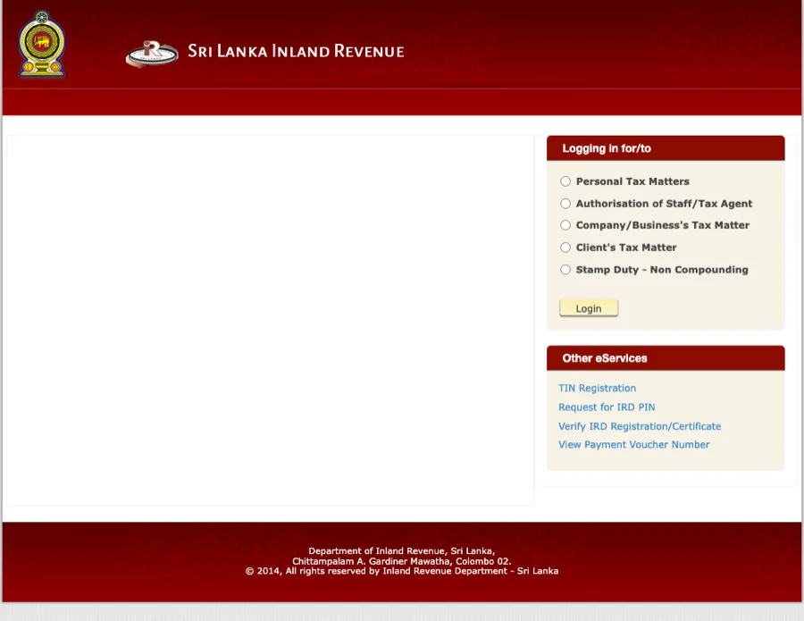 IRD e-services (RAMIS) login page. The Other eServices box lists TIN Registration, Request for IRD PIN and Verify IRD Registration/Certificate.