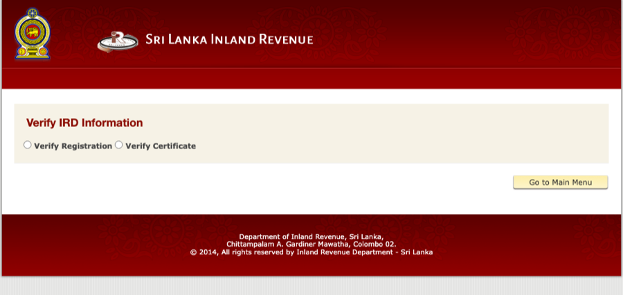 IRD Verify IRD Information page with two options: Verify Registration and Verify Certificate.