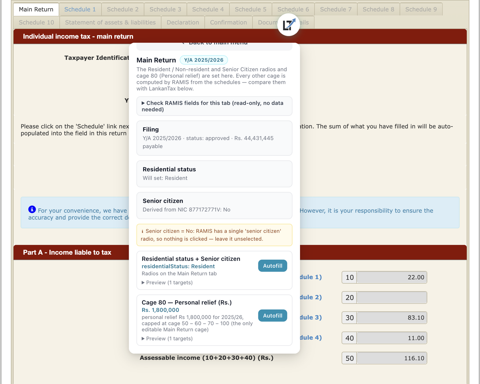 LankanTax Chrome extension panel open over the IRD e-services individual income tax main return, listing residential status, senior citizen and cage 80 personal relief from the prepared return, each with an Autofill button