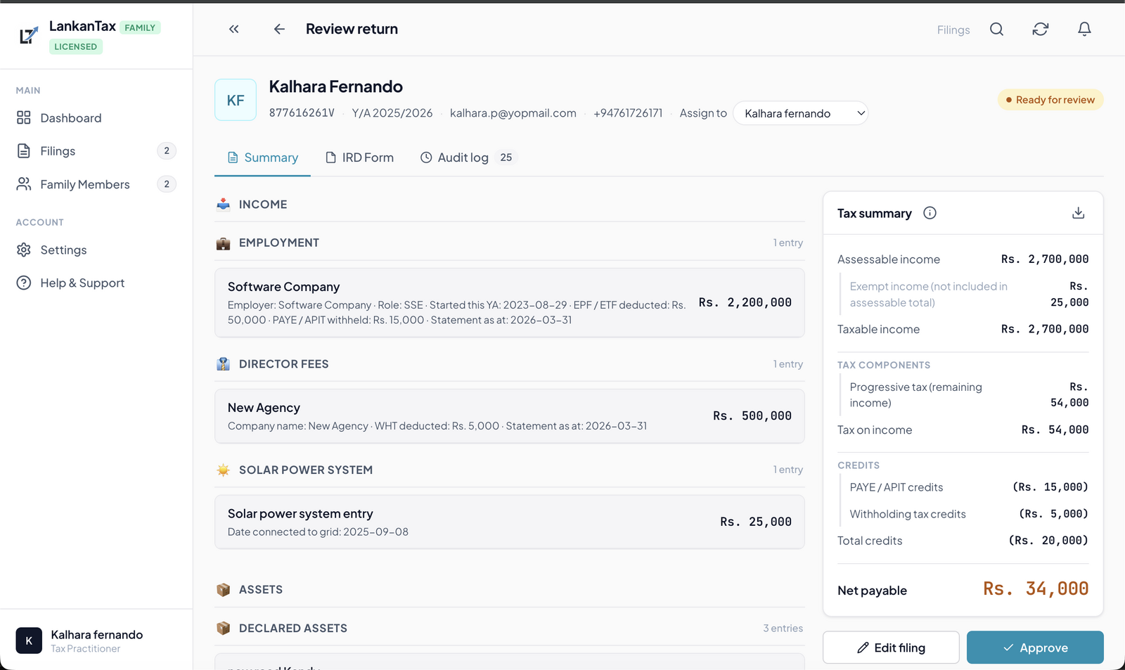 LankanTax Desktop review screen listing employment, director fees and solar power income beside a tax summary showing assessable income, tax components, APIT and withholding credits, and net payable